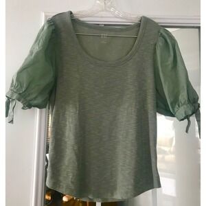 GAP Sage Green Ribbed Puff Sleeve Top Women's Size‎ L